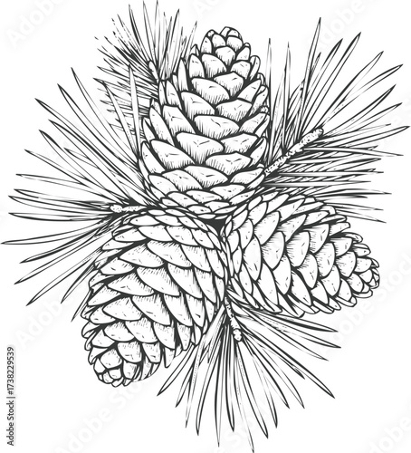 Detailed pine cone cluster with needles illustration, engraving art, vintage style