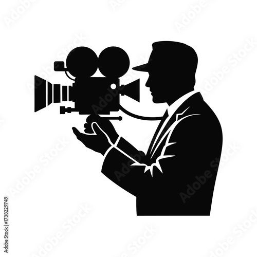 Filmmaker silhouette capturing a scene with a vintage movie camera