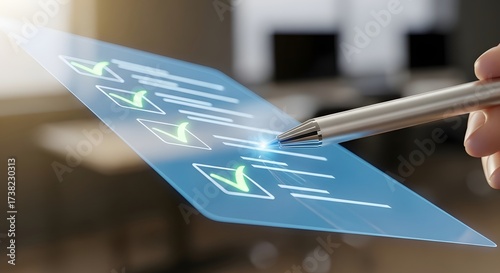 Innovative technology concept with a person ticking checkboxes on a virtual form for quality control and compliance