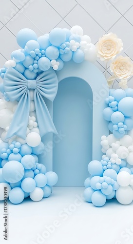 Elegant baby blue balloon decoration archway with silk bow and flowers