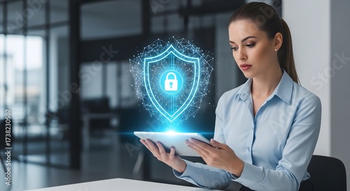 Professional woman holding a tablet displaying a glowing security shield icon, representing digital data protection and network safety
