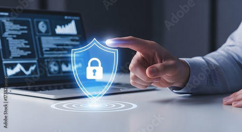 Cybersecurity and Data Protection A Hand Interacting with a Digital Shield, Enhancing Privacy and Security