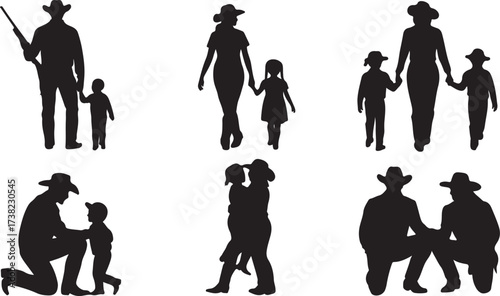 Cowboy father and child silhouettes with rifle and family scenes mother