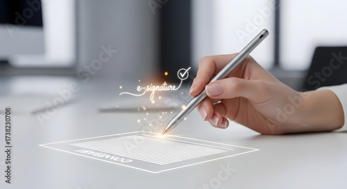 Businesswoman signing a digital contract on a futuristic electronic tablet with a stylus, signifying secure and efficient business transactions