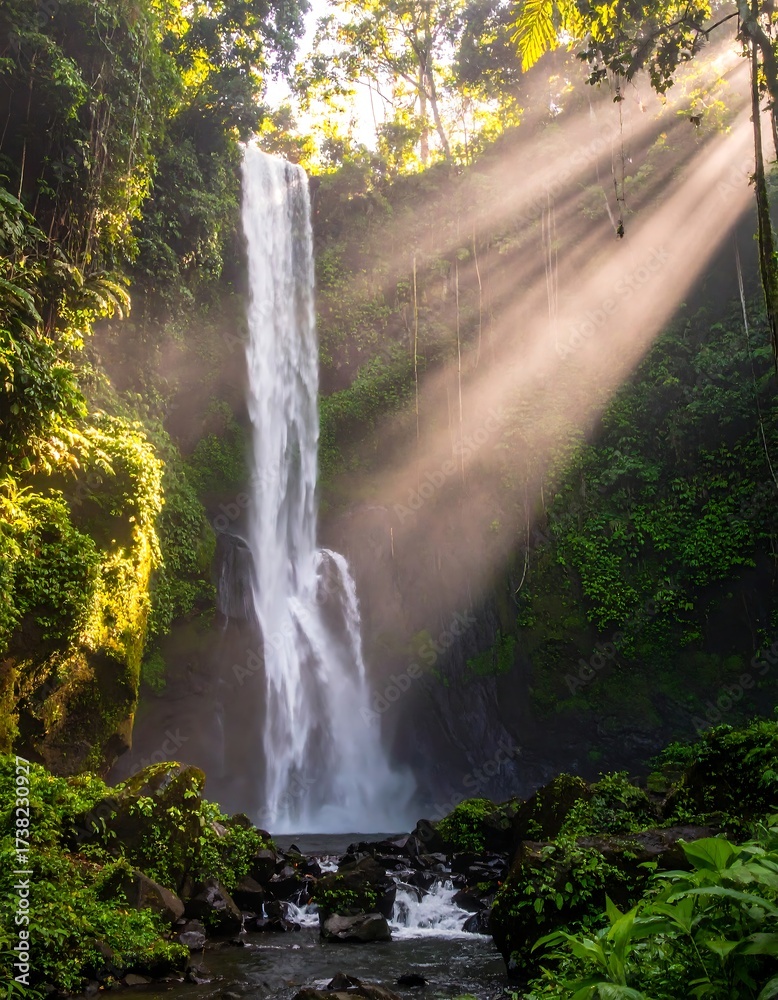 Fototapeta premium Waterfall cascading into a lush jungle