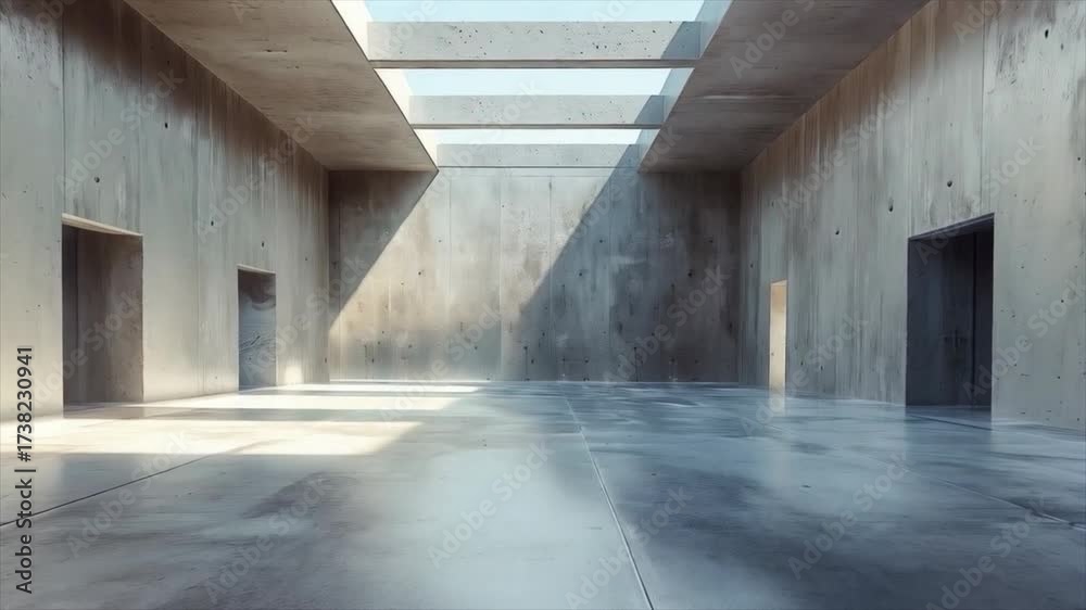 Minimalist interior of a modern exhibition hall with concrete walls and ...