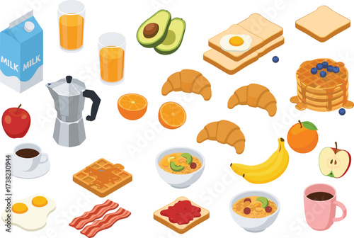 Collection of various breakfast food and drink items including waffles, croissants, eggs, and fruit, isolated on white