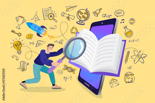 Online education and e-learning concept. A student with a magnifying glass researches a book on a smartphone, surrounded by school subject doodles. Vector for study, knowledge, and discovery.