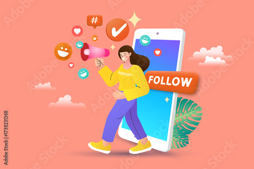Social media marketing concept. A female influencer with a megaphone and a 'Follow' button, surrounded by like, hashtag, and reaction icons. Vector for digital advertising and community building.