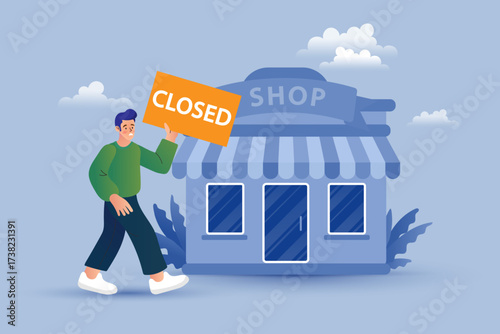The end of a small business. A disappointed entrepreneur walks away from his shop with a closed sign, symbolizing failure and bankruptcy. Vector illustration for economic recession.