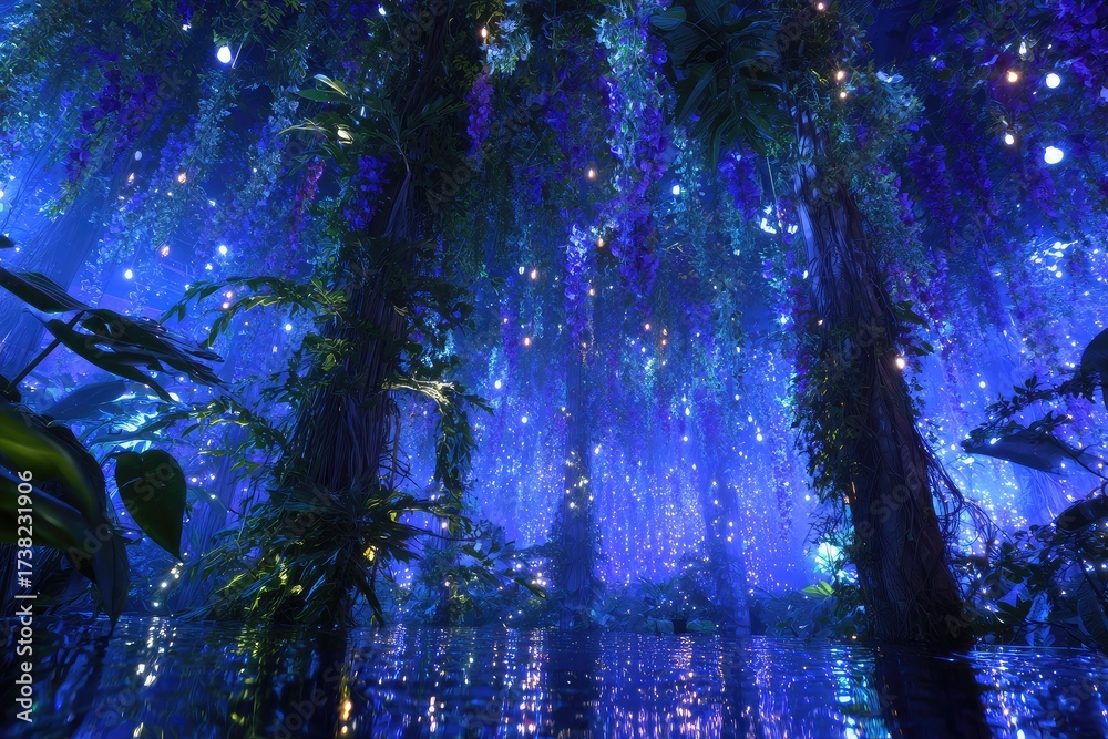 Obraz premium Glowing flora descends, magical forest atmosphere