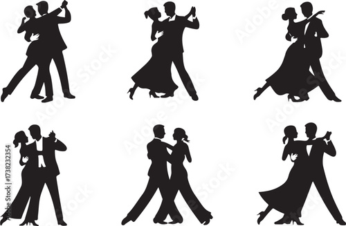 Six black silhouettes of couples dancing ballroom waltz and tango vector