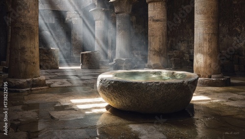 Ancient stone baptismal font, sunbeams