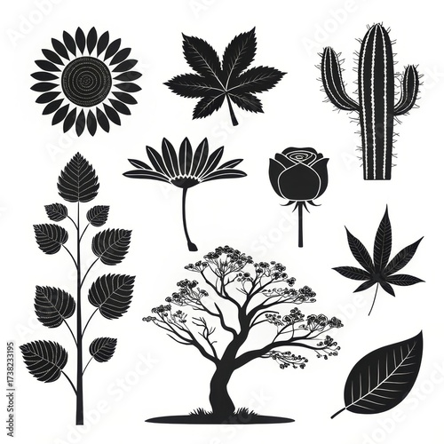 Decorative plant collection: leafy silhouettes for patterns, borders, books, and creative design projects