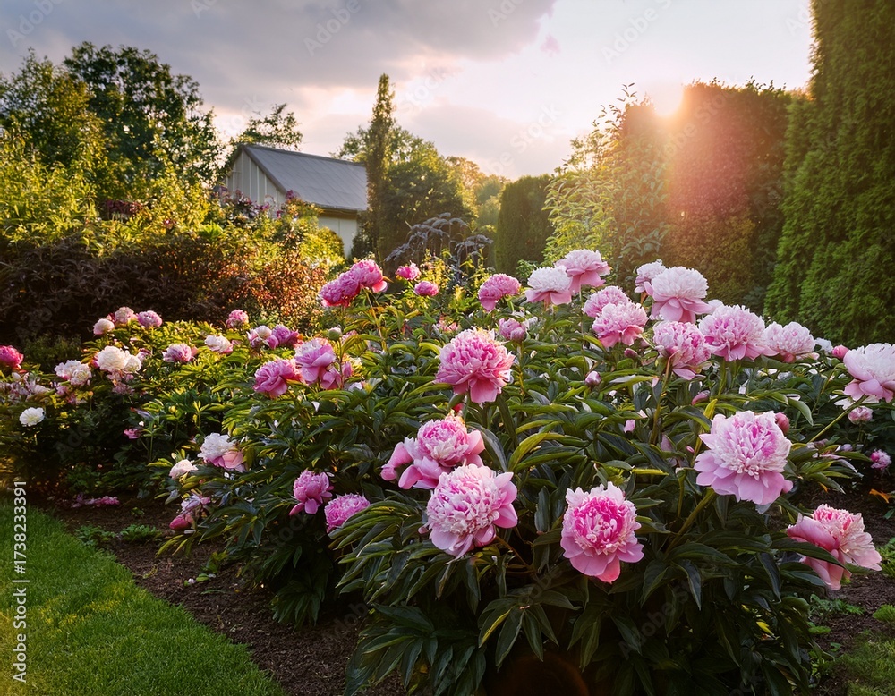 Obraz premium flower beds full of peonies in the home garden