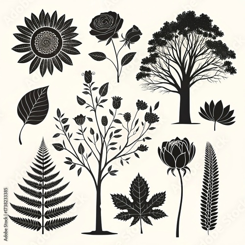 Black botanical silhouettes of common indoor and outdoor plants, ideal for patterns, books, and interior design