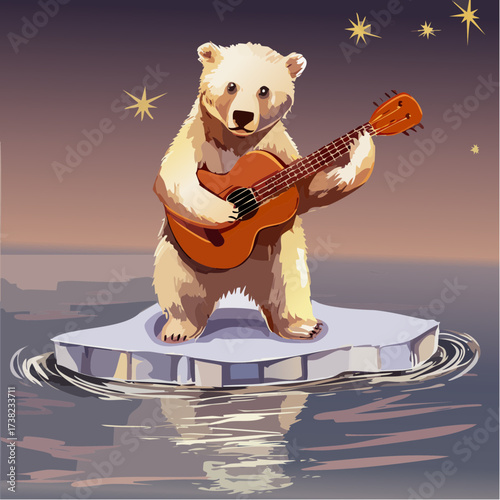 polar bear strumming ukulele on drifting ice floe aurora watercolor-line vector for calming cards and nursery prints