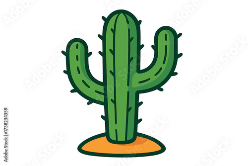 Green cactus icon flat style vector illustration with organic desert plant, cartoon cactus with spines on sandy soil, nature succulent symbol, desert flora graphic