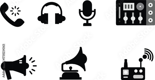 Versatile set of black silhouette icons depicting essential audio, communication, and broadcasting tools for modern digital media and sound production needs