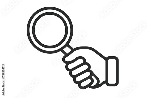 Magnifying glass icon linear style, hand holding magnifier vector illustration, search tool symbol, transparent background, detective concept, investigation, office supply
