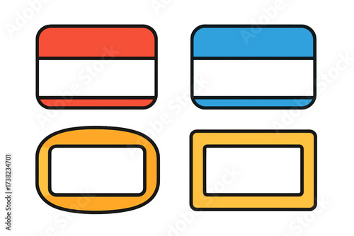 Colorful name tag labels and text box frames set, flat style vector cartoon illustration with transparent background, rectangular and rounded shapes for design and presentation