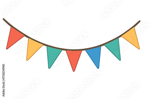 Colorful party flags garland decoration, flat style vector illustration, celebration banner with triangular pennants, festive colorful bunting for event decor, transparent background
