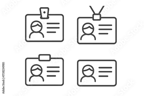 Set of four linear style vector ID badge icons with user profiles, identification cards, employee passes, blank name tags, transparent background