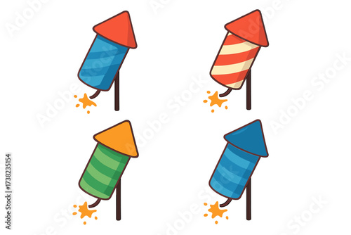 Colorful Rocket Fireworks Set, Flat Style Vector Cartoon Icons, Exploding Holiday Celebration Rockets, Decorative Pyrotechnics with Transparent Background, Festival and Party Elements