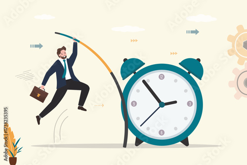 Smart businesswoman jumps pole vaults over giant alarm clock. Time management, proper planning, completion of tasks on time. Lack of deadline.