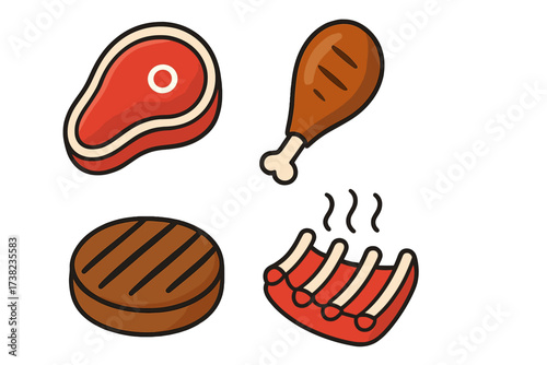 Vector design of meat and raw and grilled food icons, set of meat cuts and barbeque symbols, fresh meat illustration, transparent background, food and cooking vector set