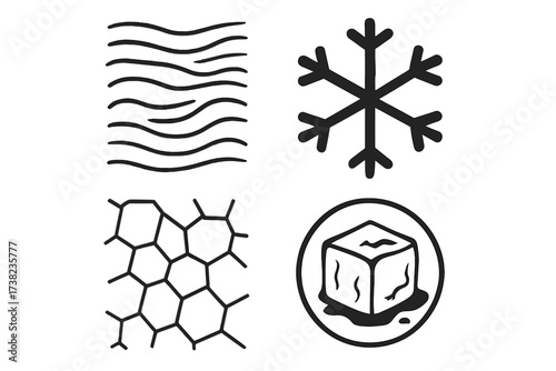 Abstract black texture patterns and frozen icons set with flowing lines, snowflake, geometric mesh, and melting ice cube, vector illustration with transparent background for design