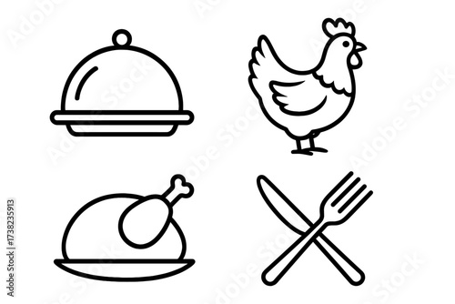 Vector illustration of cuisine and poultry symbols, including chicken, roasted chicken on plate, cloche serving dish, and cutlery icons, seamless culinary and food service collection stock vector