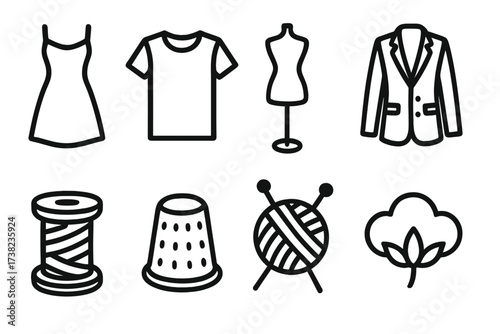 Fashion and garment vector icons set with dress, t-shirt, mannequin, cotton, thread spool, thimble, knitting yarn, jacket, sewing symbols isolated on transparent background