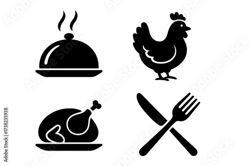 Vector illustration of cuisine and poultry symbols, featuring roasted chicken, serving tray, hen, and cutlery icons in black silhouette style, transparent background