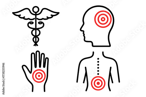 Medical and Pain Illustration Set with Human Body, Head, Hand Pain Target Symbols, Caduceus Healthcare Logo, Disease and Treatment Concept Vector Icons