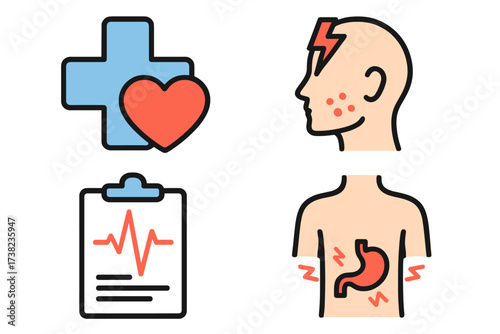 Vector illustration of medical and pain icons with heart, health cross, body pain, stomach ache, headache, disease symbols, healthcare and medical concept set with transparent background