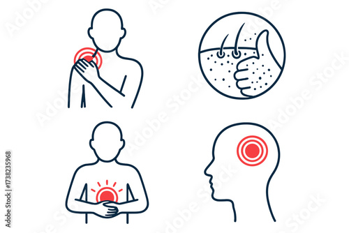 Vector illustration of pain and dermatology symbols with human body and head icons showing skin care, inflammation, stomach pain, and headache concept medical healthcare set