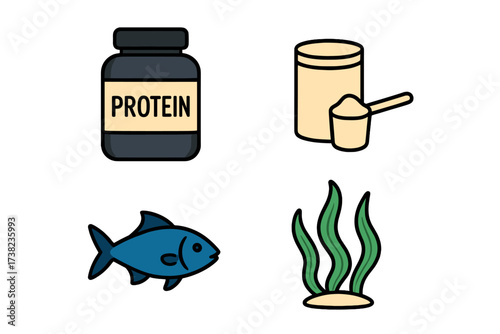 Vector illustration of protein supplement and sea elements logo, set of natural protein icons with fish and seaweed, fitness nutrition, healthy lifestyle, transparent background