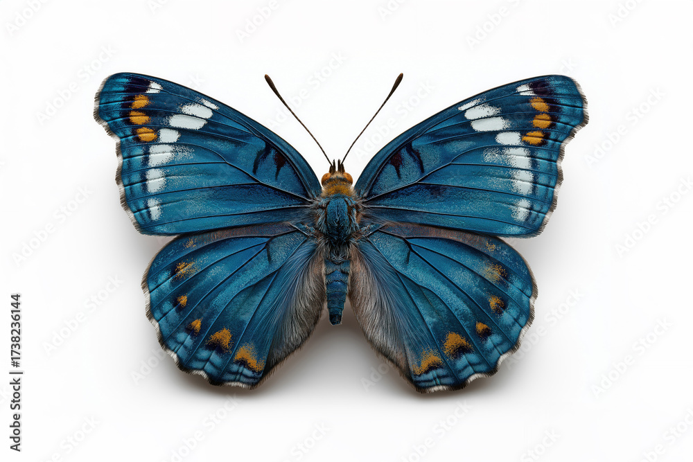 Obraz premium Blue butterfly with patterned wings on white background