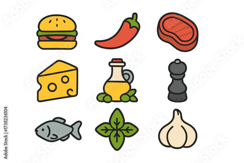 Vector illustration of food and flavors icons collection. Includes burger, chili pepper, steak, cheese, olive oil, pepper grinder, fish, basil leaves, garlic. Food ingredients, cooking concept.