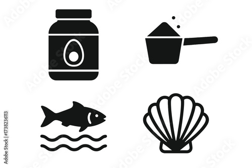 Vector illustration of protein supplement and sea food logos, natural protein icons set with fish, shell, powder scoop, and supplement jar, healthy nutrition and seafood concept design