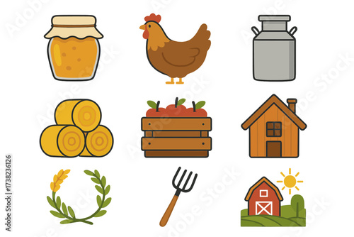 Vector illustration of homemade countryside wooden signpost with agriculture and rural icons set, rustic DIY symbols for farm lifestyle, organic and natural concept, transparent background