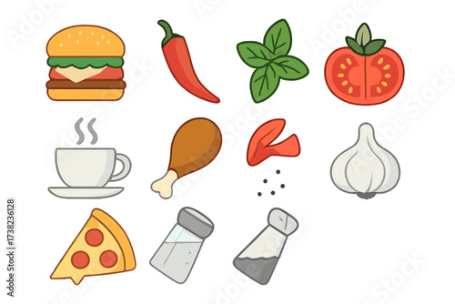 Vector illustration of diverse food and flavor icons, ingredient symbols collection with transparent background, colorful culinary elements, cooking and gastronomy concepts, editable vector