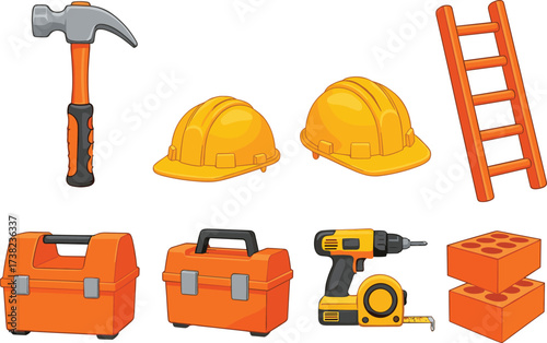 Construction and home improvement tools collection with hammer, hard hats, toolboxes, and drill for building and repair