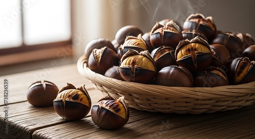 Steaming Hot Roasted Chestnuts in Wicker Basket on Rustic Wooden Table, Cozy Autumn Comfort Food