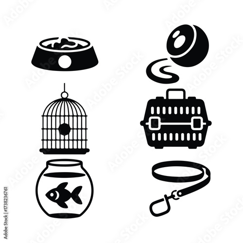 Set of black pet supplies icons including food bowl bird cage fish bowl carrier leash and toy illustration