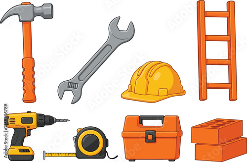 Construction and home improvement tools collection with hammer, wrench, drill, toolbox, and safety helmet for building and repair