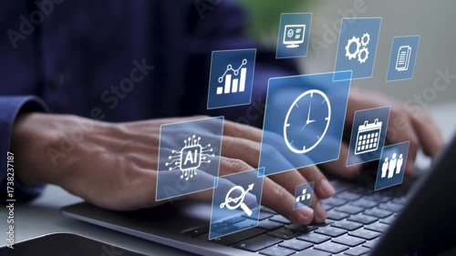 Time management with AI technology concept. Saving working time to reduce costs, work planning for increased efficiency and reduced work time. Business project planning.