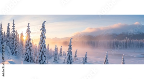 Golden Sunrise over Snow-Covered Forest and Misty Winter Landscape