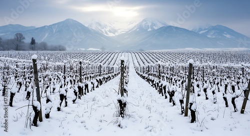 Snow-covered vineyard in winter, rows of dormant grapevines leading to majestic snow-capped mountains under a serene sky.
